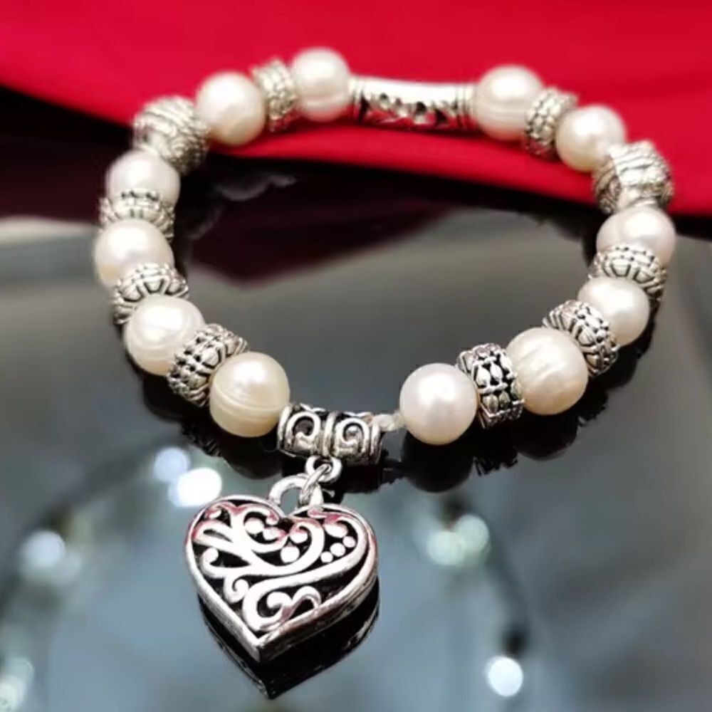 Zinc Alloy Freshwater Pearl Antique Fish Bracelet with elastic cord."siz…